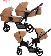 Bebetto 42 PRO Duowagen - Eco Leer bekleding - Tweeling kinderwagen Eco leather - duo buggy leder 2 in 1 (2 wiegen + 2 zitjes) Bruin 03