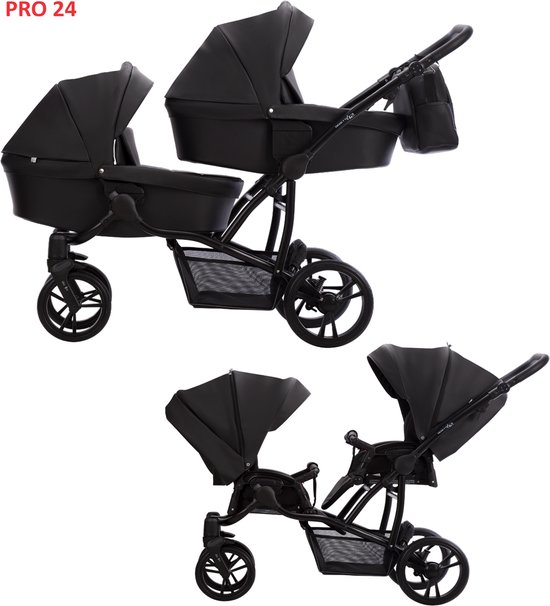 Bebetto 42 PRO Duowagen - Eco Leer bekleding - Tweeling kinderwagen Eco leather - duo buggy 2 in 1 (2 wiegen + 2 zitjes) Black 04