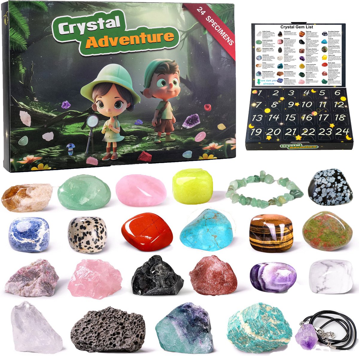 Edelstenen adventskalender 2024 - 24 dagen - Advent Calendar - Geschenk- Kerstcadeau - A5 - Kerstpakket - Agaat mix - mit kettingen