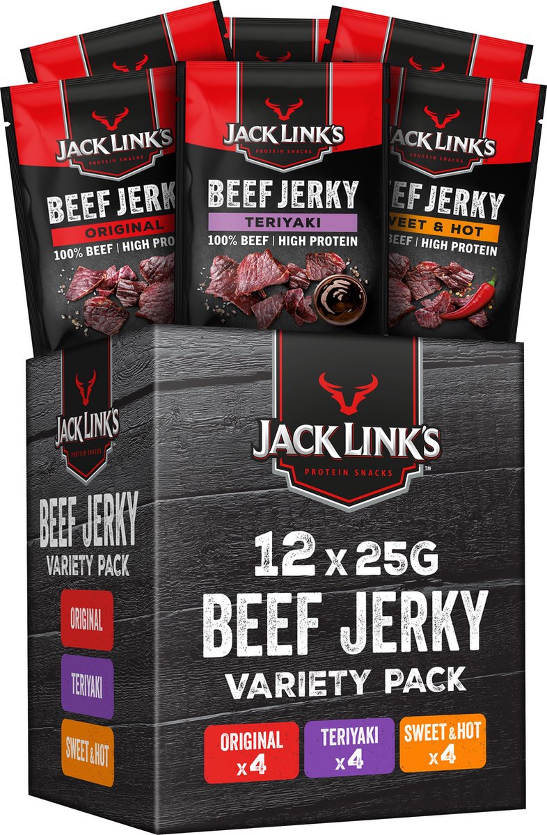 Jack Links Beef Jerky Mix Box - 100% premium Beef - Hoog in Eiwitten - Rundvlees Snack - voor Tussendoor, Onderweg of in de Sportschool - 12 x 25g