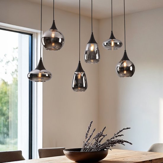 Zwarte hanglamp Loic met smoke glas, 6-lichts