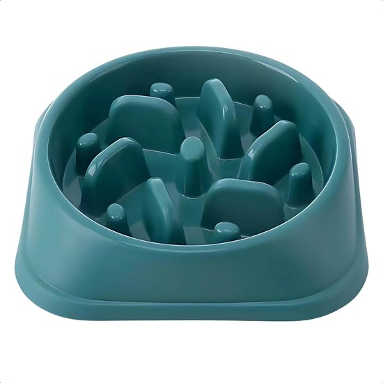 Turquoise voerbak met diepe vakken en verhoogde randen om langzaam eten te stimuleren.