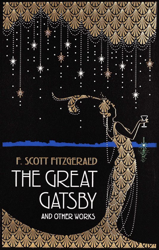 « Gatsby le Magnifique et autres œuvres » de F. Scott Fitzgerald, avec une illustration art déco dorée d'une femme et d'étoiles.