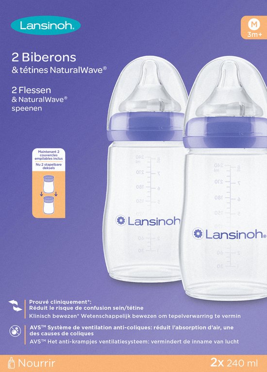 Twee Lansinoh babyflessen van 240 ml met paarse ring en Natural Wave speen, verpakt in een paarse doos.