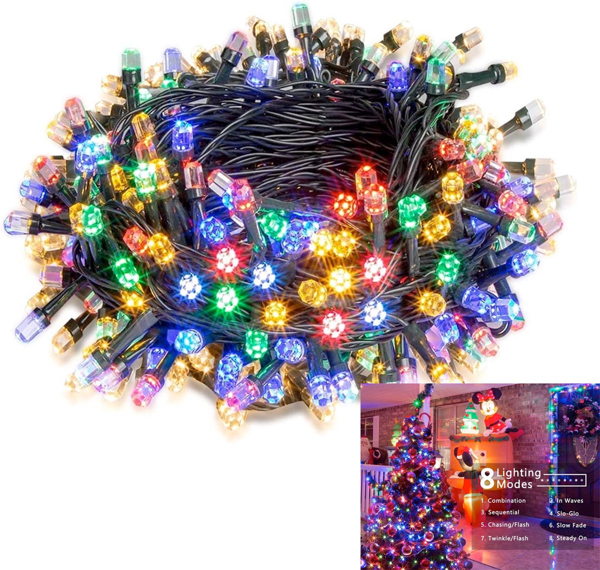 Decoratieve verlichting-4 kleur Kerstverlichting- kerstboomverlichting- lichtketting 8 standen met geheugenfunctie- Waterdicht IP65 -Kerstversiering voor binnen en buiten Kerstbomen-feesten-bruiloften- 22M 200led-4 kleur(Black Friday)
