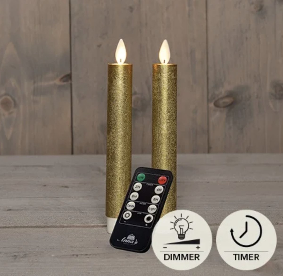LED kaarsen met bewegende vlam 2x - 18cm klein - Goud - Gold - Afstandsbediening - Timer - Dimmer - Dinerkaars rustiek wax - LED kaars batterij