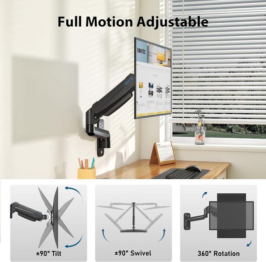 Monitor-wandhouder voor schermen van 17-57 inch, gasveer, monitorhouder, muur, in hoogte verstelbaar, kantelbaar, draaibaar, monitorarm, muurbevestiging tot 2-20 kg, max. VESA 200 x 200, wit