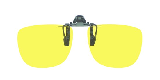 Ovale, gele clip-on bril met metalen clips en een logo.
