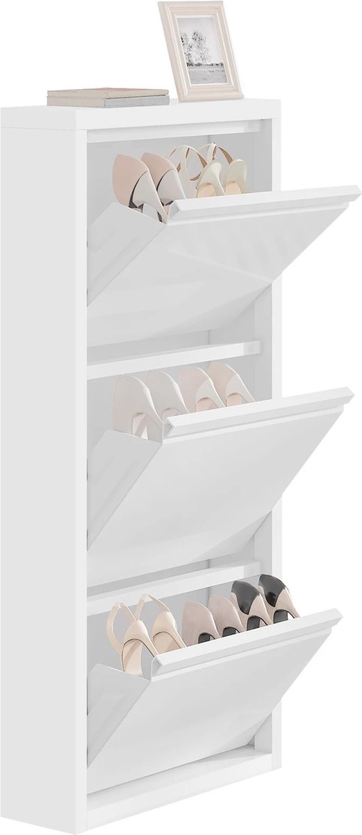 DHN Schoenenkast - Met 3 Flappen - Gesloten Schoenenrek - Smalle Schoenladekast 50X106X15Cm - Witte Schoenenkast