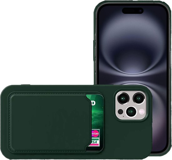 Coque de téléphone vert foncé avec porte-cartes pour iPhone, à côté d'un iPhone.
