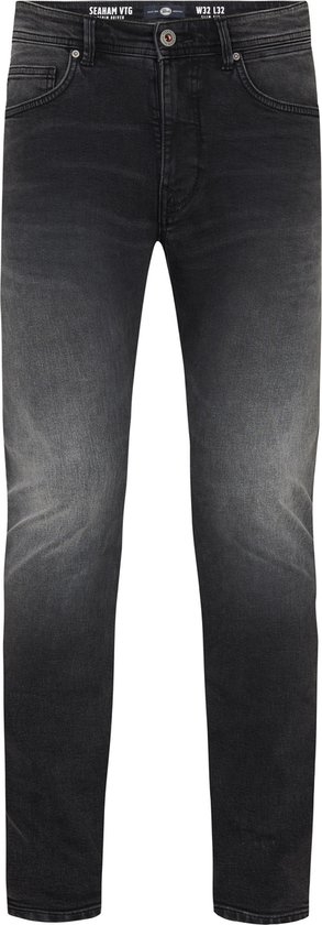 Zwarte slim fit jeans met vintage wassing, vijf zakken en een knoopsluiting, maat W32 L32.