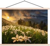 Posterhanger incl. Poster 150x113 cm - Schoolplaat - Bloemenveld - Heuvels - Zonsondergang - Berg - Natuur - Wit - Heuvels - Textielposter - Blanke latten