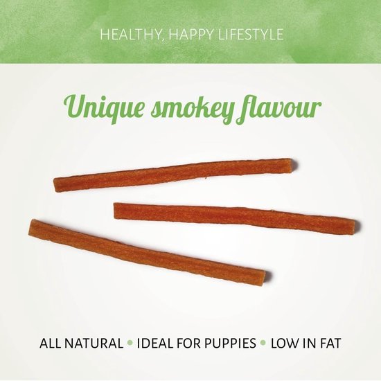 Drie bruine, dunne, rechthoekige hondensnacks op een witte achtergrond. Tekst: 'HEALTHY, HAPPY LIFESTYLE', 'Unique smokey flavour', 'ALL NATURAL', 'IDEAL FOR PUPPIES', 'LOW IN FAT'.