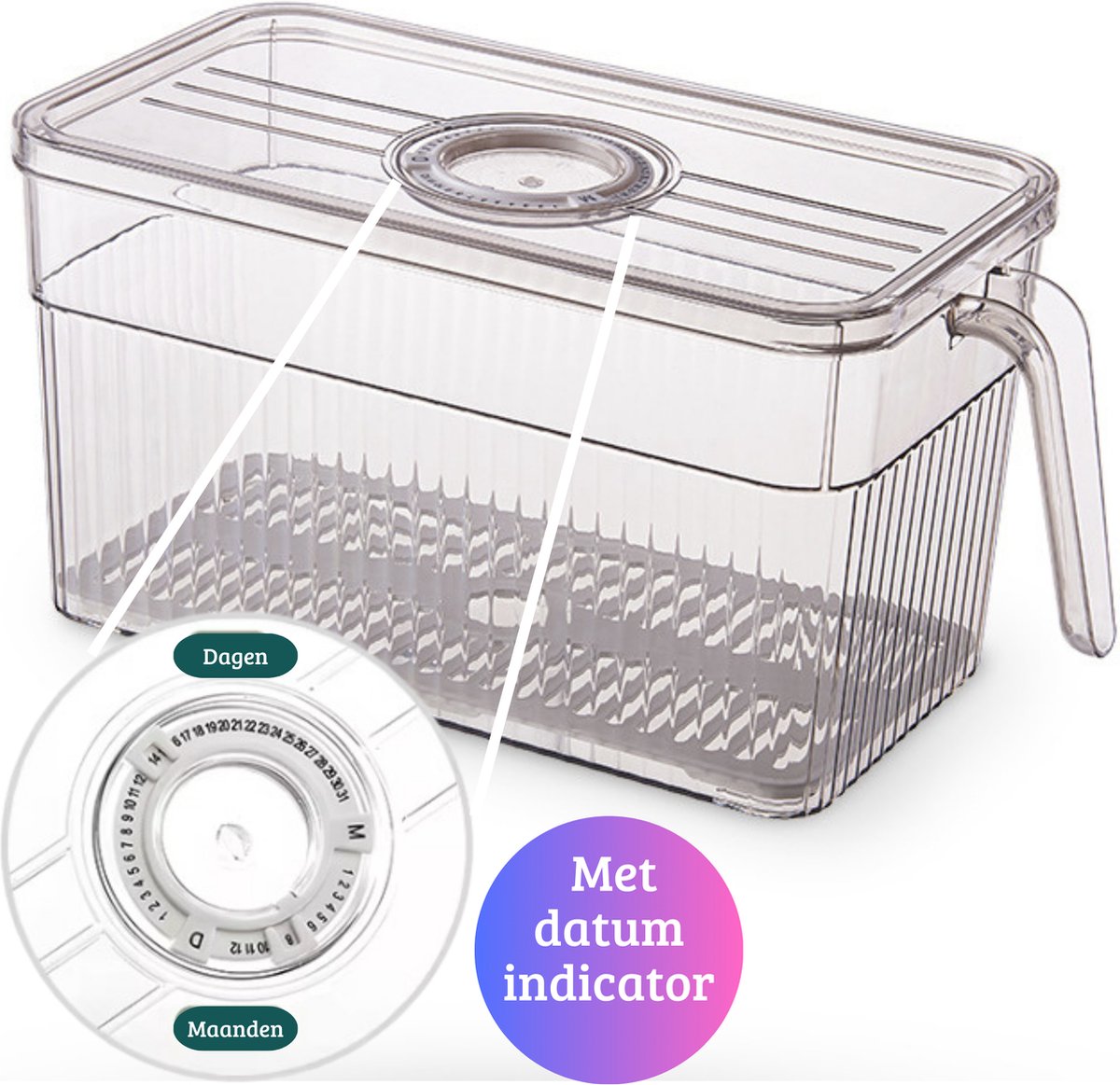 Janse® Koelkast organizer grijs transparant met datum indicator - Luxe opbergbox met handvat - Opberg bakje - Koelkast bakje - Plastic bakje - Eten - Keuken organizer - Stapelbaar - Koelkast opbergbak - Voorraadbakje - Koelkast accessoires