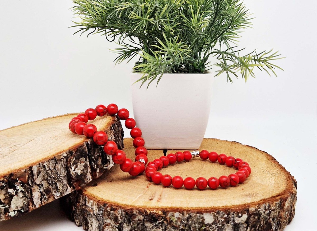 Handgemaakte Klassieke natuurstenen armband “Rode howliet ” - 10 mm diameter van de korrel- Diameter armband 20 cm - Een mooi cadeau voor familie en vrienden