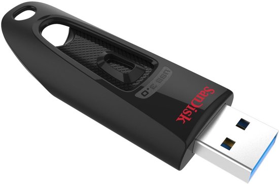 Zwarte SanDisk USB 3.0 stick met rubberen grip, rode logo en sleutelring.