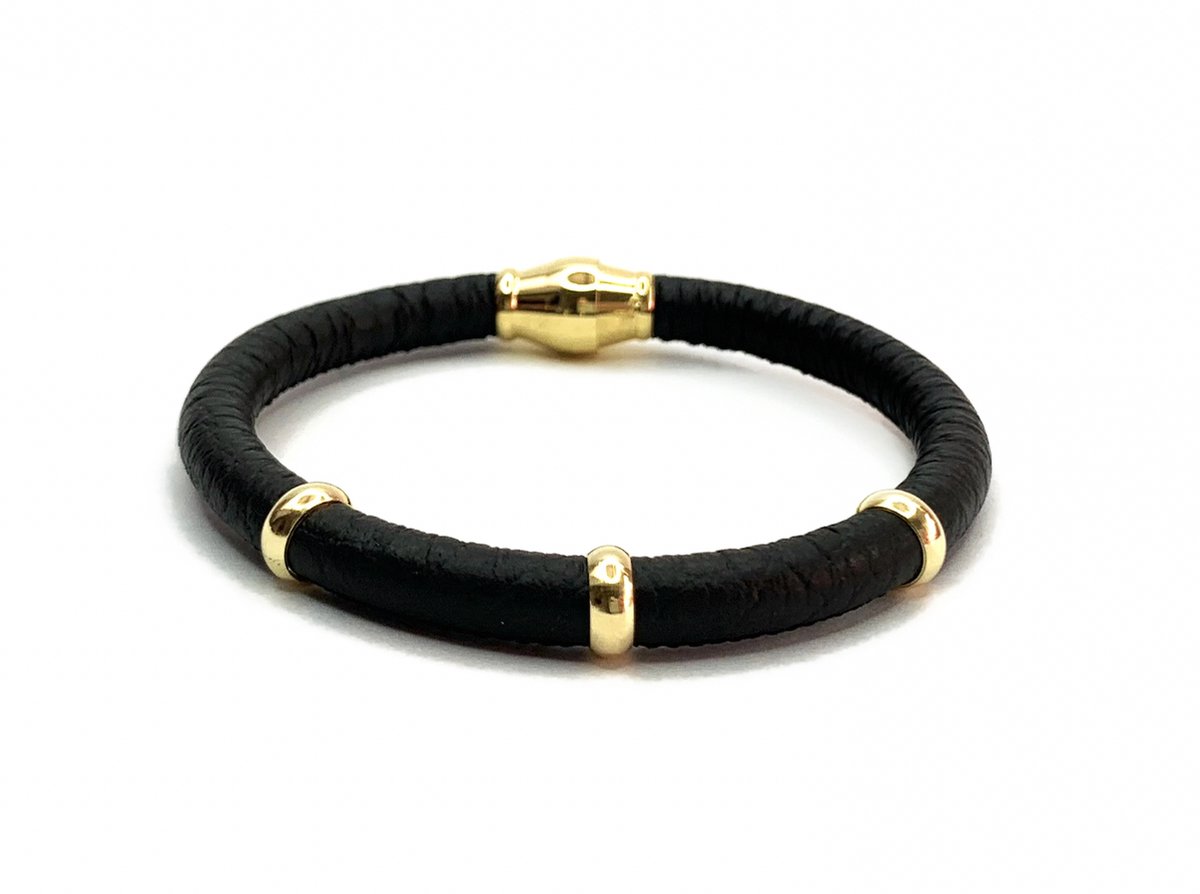 NIEUW! Jolla - dames armband zilver - goudkleurig - leer - magneetsluiting - bedels - Single Gold - Zwart