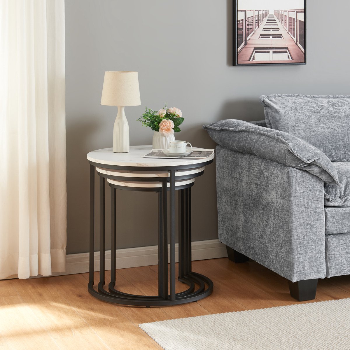 en.casa Bijzettafel Ulricehamn set van 3 zwart en marmer wit [en.casa]