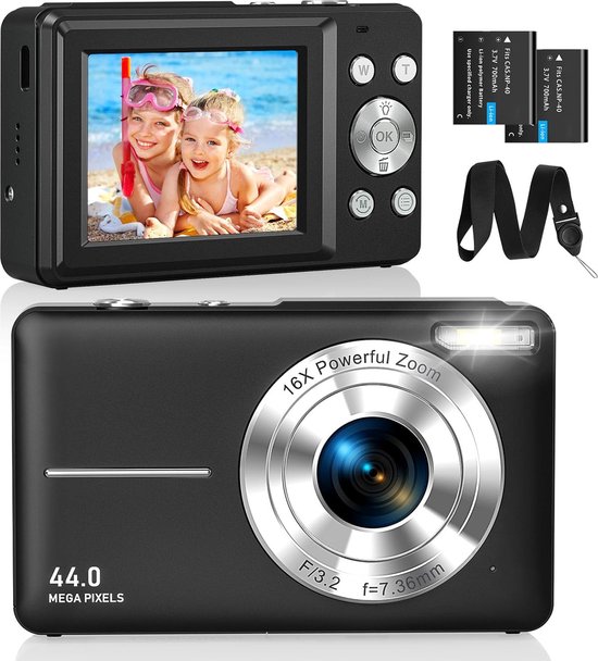 Digitale camera 1080p fotocamera 44MP camera fototoestel draagbare compacte camera met 2,4 inch LCD-scherm, 16 x digitale zoom, 32G micro geheugenkaart, 1 accu voor kinderen, tieners, studenten
