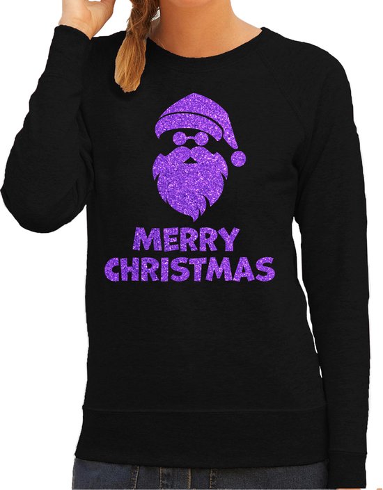 Bellatio Decorations foute kersttrui/sweater dames - Merry Christmas - zwart - glitter paars - Kerstman XXL
