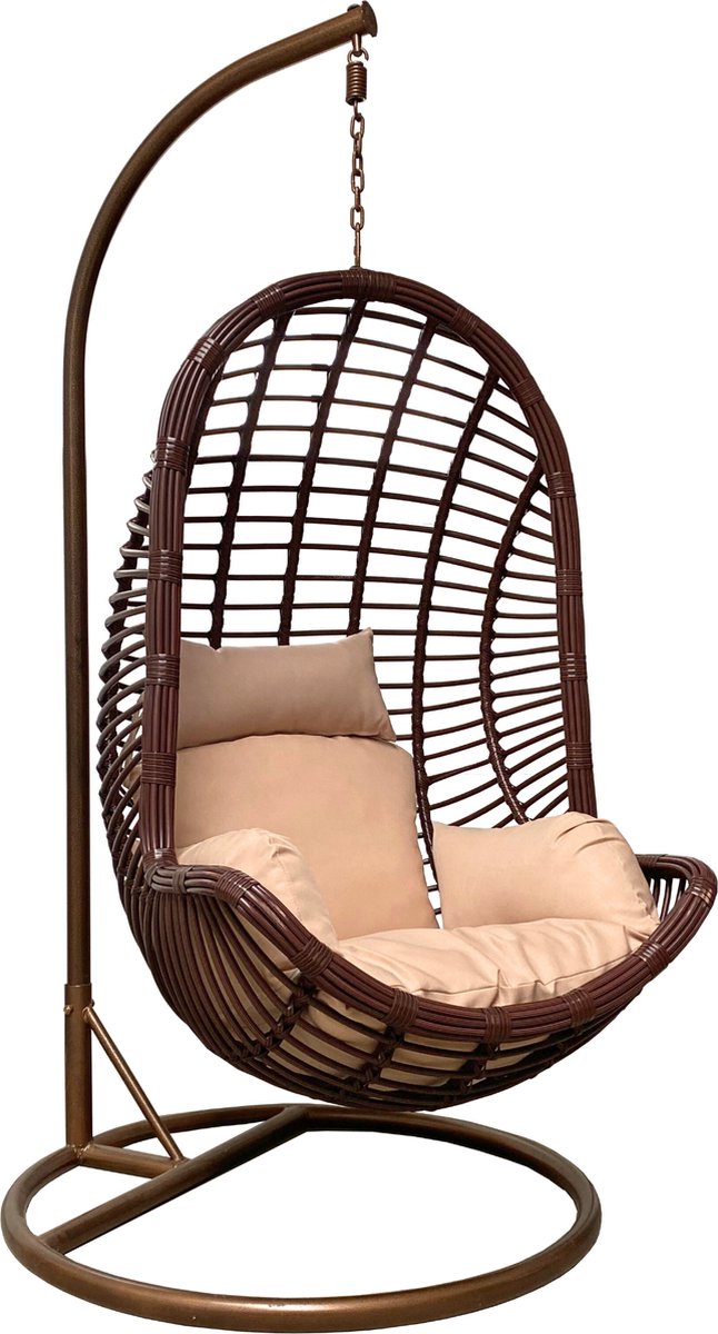Rijoka Hangstoel Ragna Original Schommelstoel – Khaki kussen - Bruin Rattan - Bruin Frame