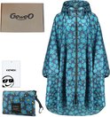 Een blauwe Geweo poncho met bloemenprint, opgevouwen in een tasje, met doos en label. Regenponcho voor volwassenen.