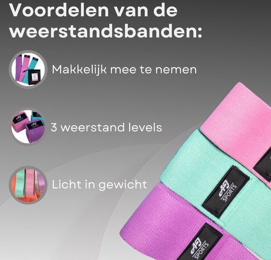 AJ-Sports Weerstandsbanden - Booty Band - Resistance band - Fitness elastiek - Paars/Roze/Cyaan - set van 3 - Fitness - Inclusief handleiding en draagtas