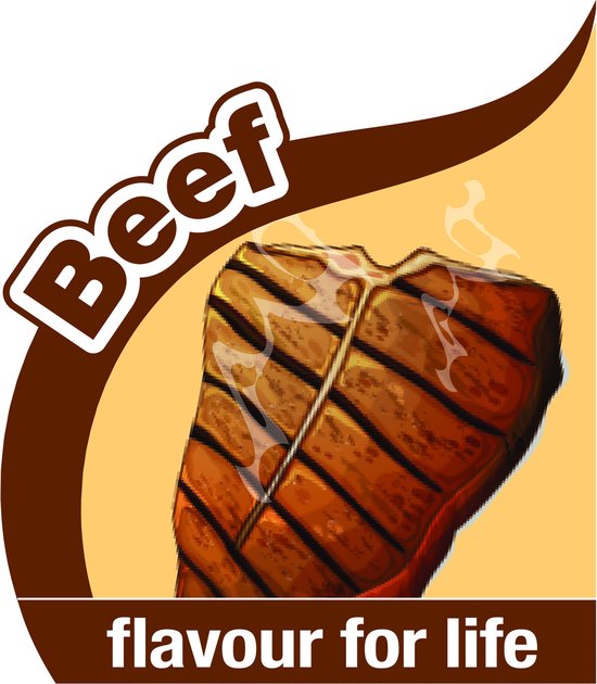 Illustratie van een gegrild stuk rundvlees met rook, met 'Beef' en 'flavour for life'.