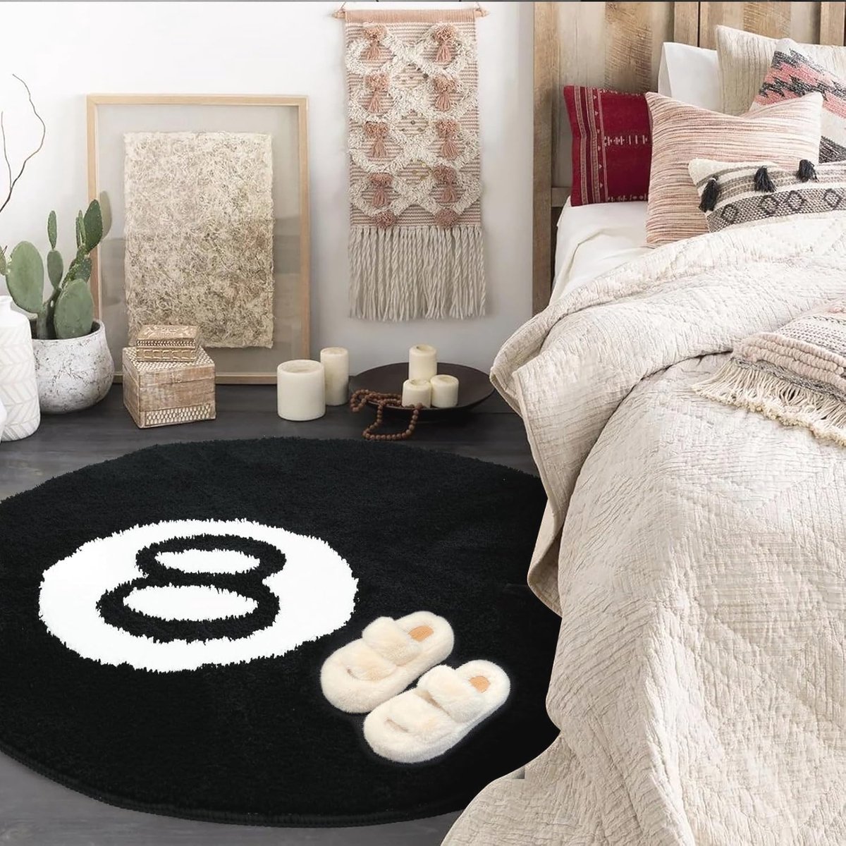 thumbnail: Licsaliwe 8-Ballen Tapijt - Zwart/Wit Ronde Pluizige Vloermat | 61 Cm | Antislip & Wasbaar