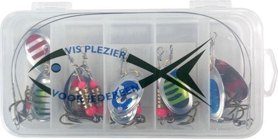 Vis set met 5 spinners, rood-wit gestreept, groen, blauw, en rood met rode kraaltjes in een doorzichtige box.
