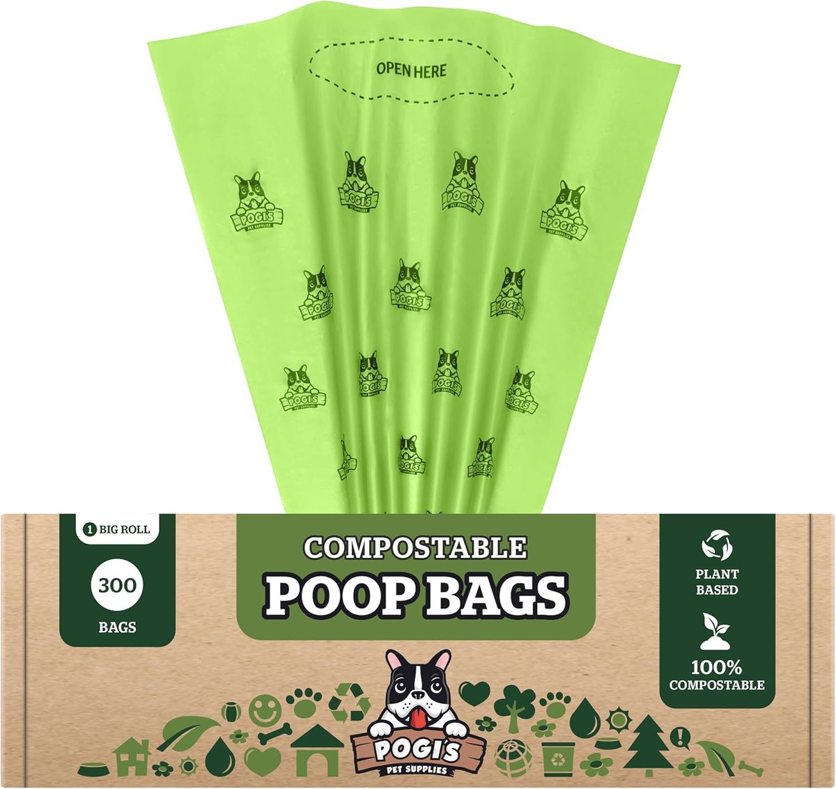 Hondenpoepzakjes Composteerbaar, 300 Zakjes, Lekvrij, Extra Groot, Plantaardig, 100% Plasticvrij