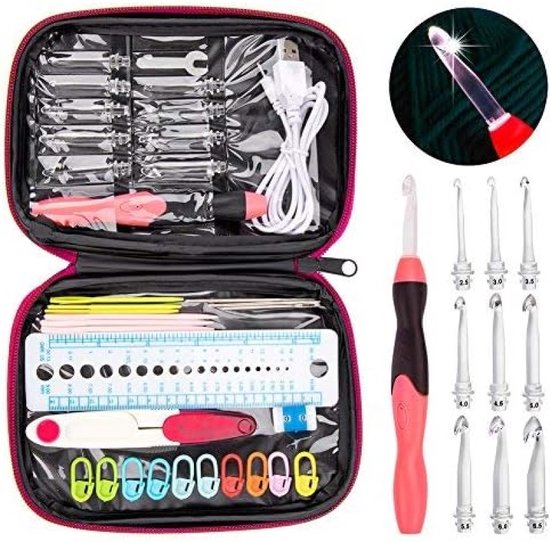 Set met verlichte haaknaalden - Oplaadbare haaknaald met nieuwste koffer, 9-in-1 verwisselbare hoofden, lichte haaknaalden met accessoires... roze-maat 9 Set met verlichte haaknaalden - Oplaadbare haaknaald met nieuwste koffer, 9-in-1 verwisselbare hoofden, lichte haaknaalden met accessoires... roze-maat 9
