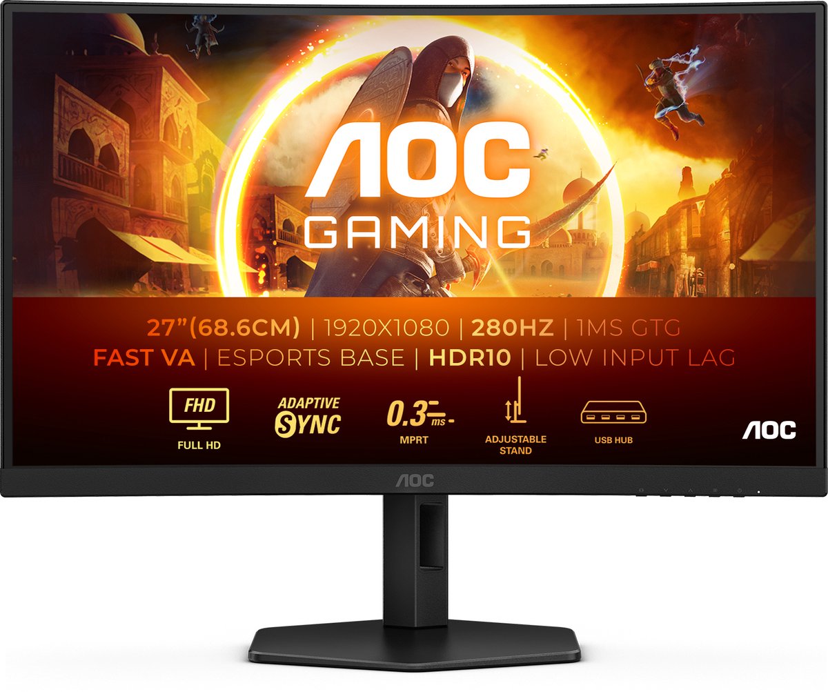 AOC C27G4ZXU - Full HD Curved Monitor - Speakers - USB-Hub - Ergonomisch - 280hz - 0.3ms - 27 inch op Prijzenvolger.com