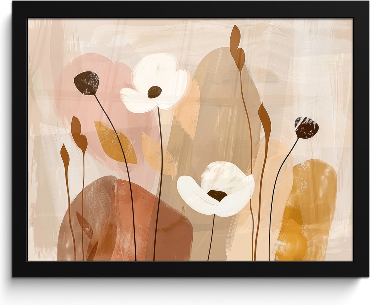 FrameYourWall Poster in lijst - Fotolijst 40x30 cm - Posters - Bloemen - Abstract - Beige - Line art - Posterlijst zwart - Decoratie - Wanddecoratie woonkamer - Muurdecoratie slaapkamer