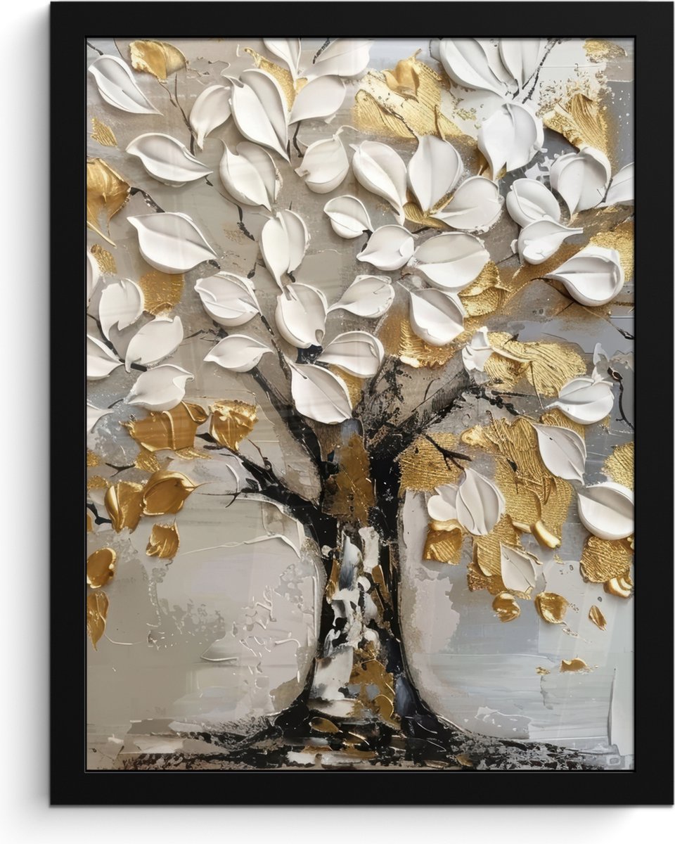 FrameYourWall Poster in lijst - Fotolijst 30x40 cm - Posters - Boom - Beige - Grijs - Goud - Abstract - Posterlijst zwart - Decoratie - Wanddecoratie woonkamer - Muurdecoratie slaapkamer Wit - Goud