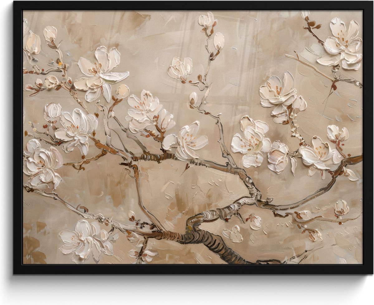 FrameYourWall Poster in lijst - Fotolijst 80x60 cm - Posters - Bloemen - Modern - Beige - Wit - Bloesem - Posterlijst zwart - Decoratie - Wanddecoratie woonkamer - Muurdecoratie slaapkamer