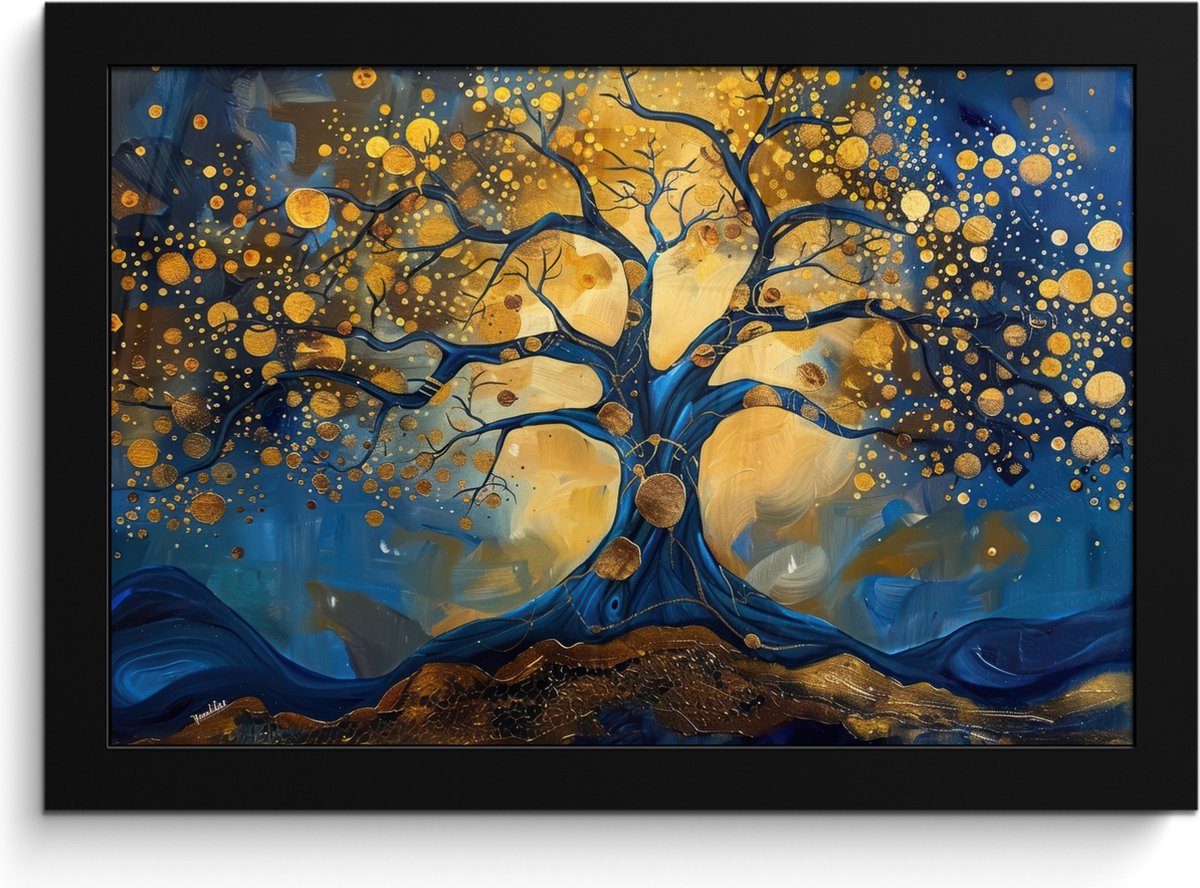 FrameYourWall Poster in lijst - Fotolijst 30x20 cm - Posters - Boom - Levensboom - Blauw - Goud - Posterlijst zwart - Decoratie - Wanddecoratie woonkamer - Muurdecoratie slaapkamer Goud - Blauw