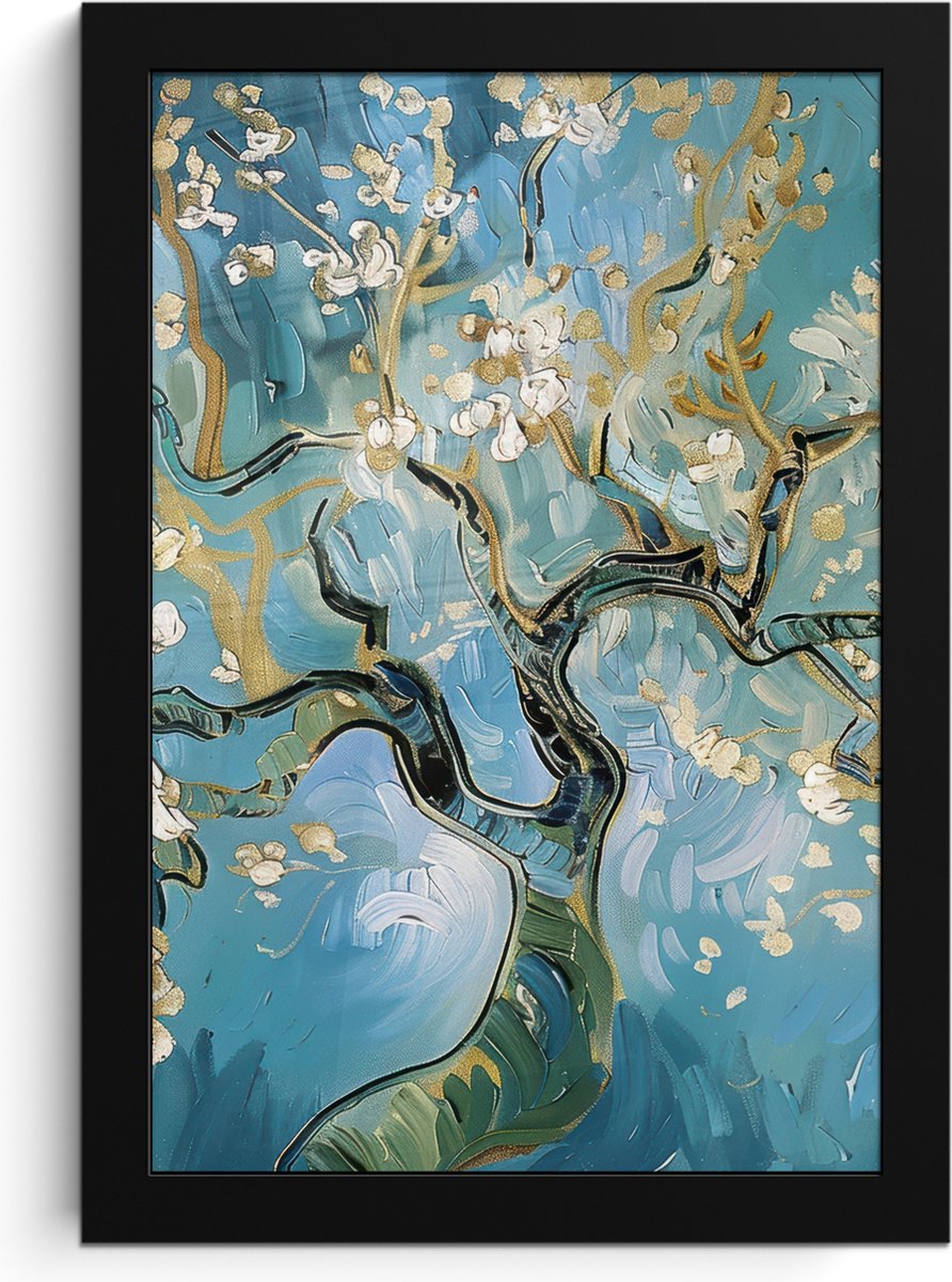 FrameYourWall Poster in lijst - Fotolijst 20x30 cm - Posters - Amandelbloesem boom - Blauw - Abstract - Posterlijst zwart - Decoratie - Wanddecoratie woonkamer - Muurdecoratie slaapkamer Blauw - Goud