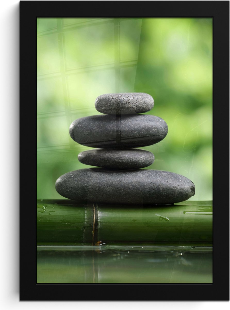 FrameYourWall Poster in lijst - Fotolijst 20x30 cm - Posters - Zen - Stenen - Groen - Natuur - Bamboe - Posterlijst zwart - Wanddecoratie badkamer - Muurdecoratie WC - Decoratieve accessoires - Toilet muur decoratie