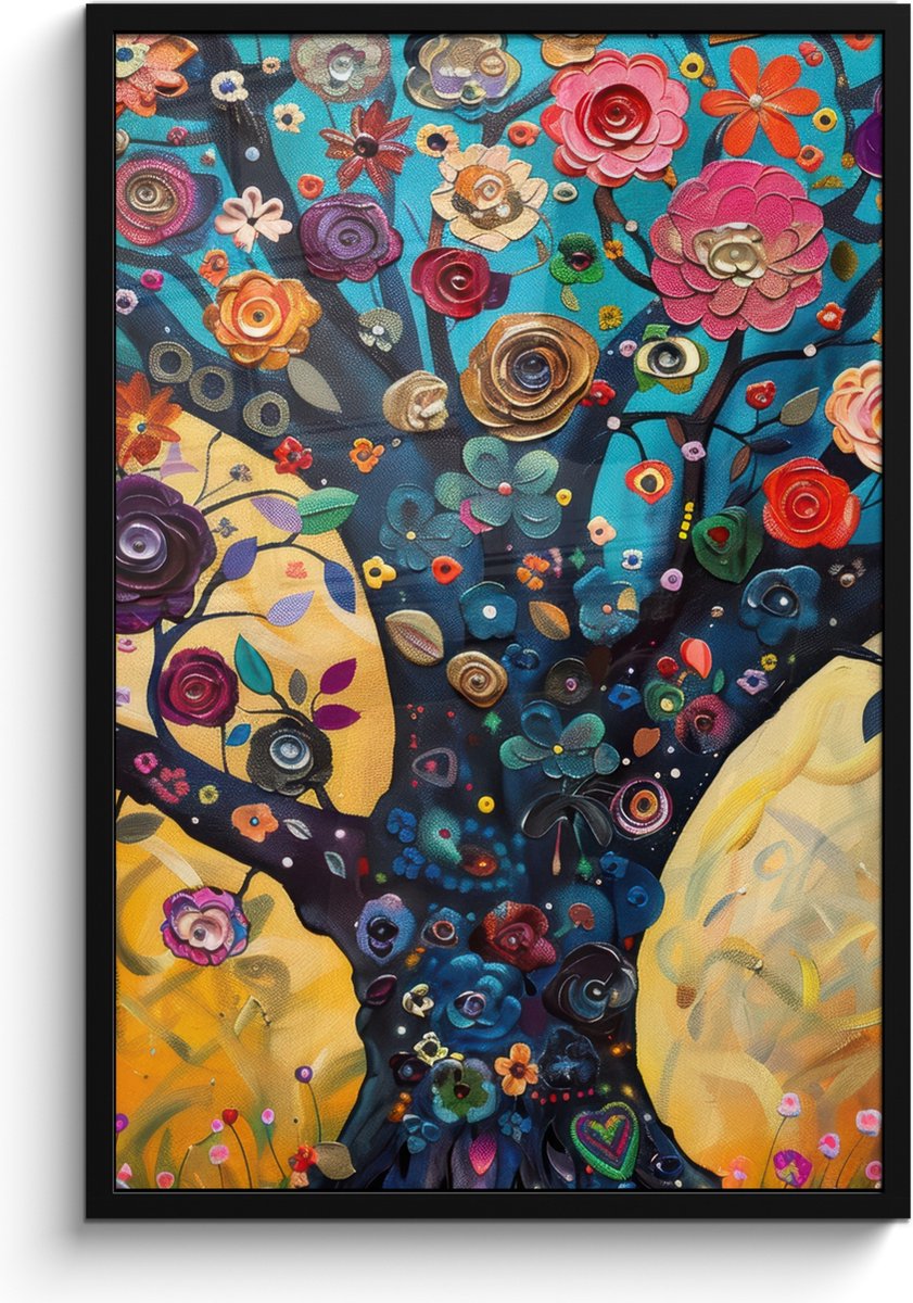 FrameYourWall Poster in lijst - Fotolijst 60x90 cm - Posters - Boom - Levensboom - Kleurrijk - Bloemen - Modern - Posterlijst zwart - Decoratie - Wanddecoratie woonkamer - Muurdecoratie slaapkamer