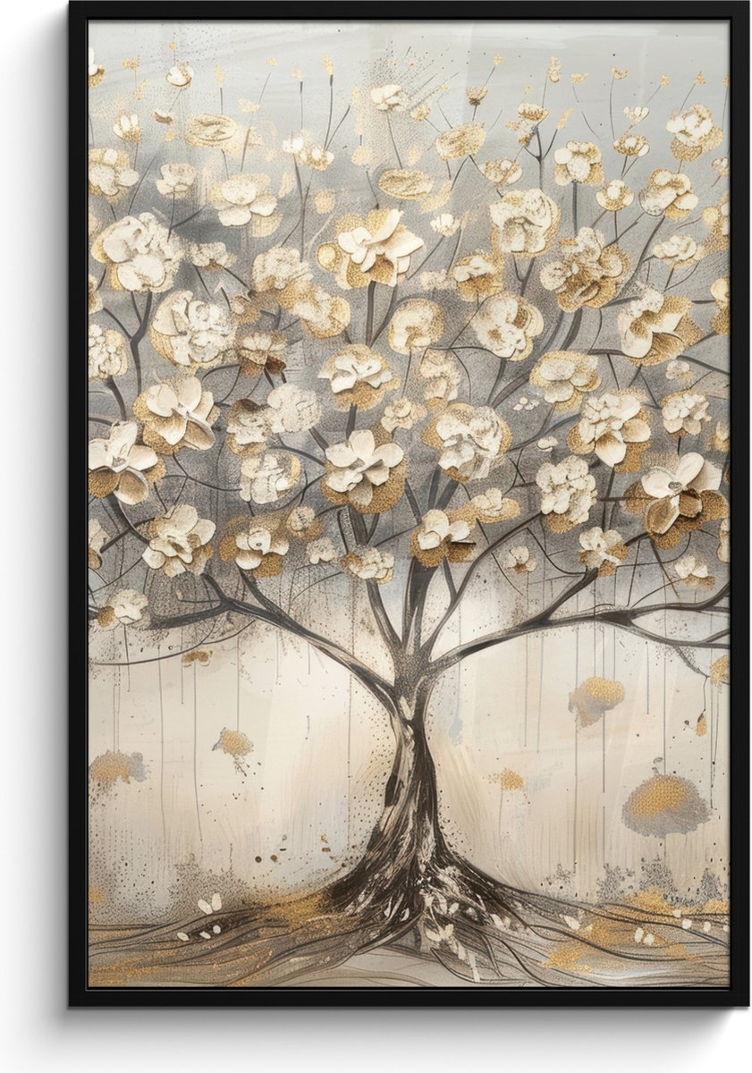 FrameYourWall Poster in lijst - Fotolijst 80x120 cm - Posters - Boom - Beige - Goud - Verflook - Grijs - Posterlijst zwart - Decoratie - Wanddecoratie woonkamer - Muurdecoratie slaapkamer Pastel - Goud