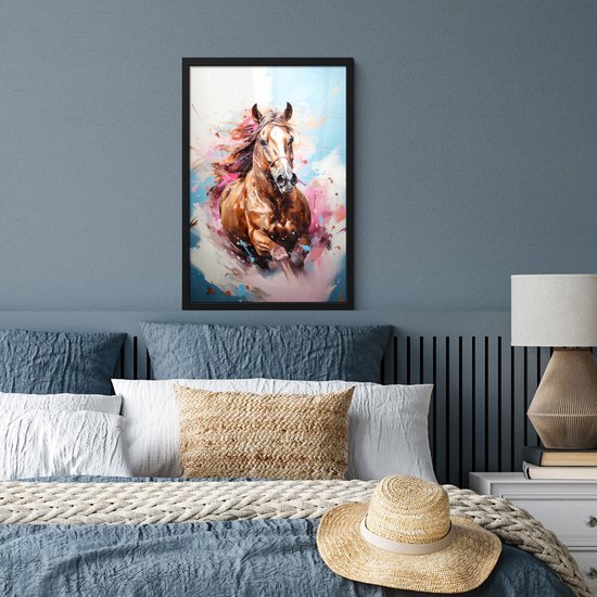 Affiche sous cadre - Cadre photo 40x60 cm - Posters - Cheval - Filles - Blauw - Rose - Cadre affiche noir - Décoration murale pour chambre ado - Décoration chambre ado - Accessoires chambre ados