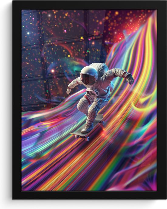 Poster in lijst - Fotolijst 30x40 cm - Posters - Astronaut - Ruimte - Skateboard - Kleurrijk - Posterlijst zwart - Wanddecoratie tienerkamer - Kamer decoratie voor tieners - Tiener jeugdkamer accessoires