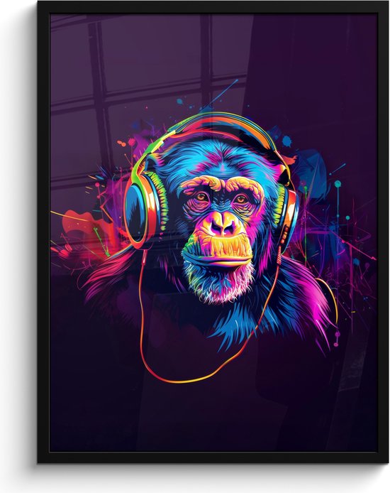 Poster in lijst - Fotolijst 60x80 cm - Posters - Aap - Koptelefoon - Muziek - Kleurrijk - Posterlijst zwart - Wanddecoratie tienerkamer - Kamer decoratie voor tieners - Tiener jeugdkamer accessoires