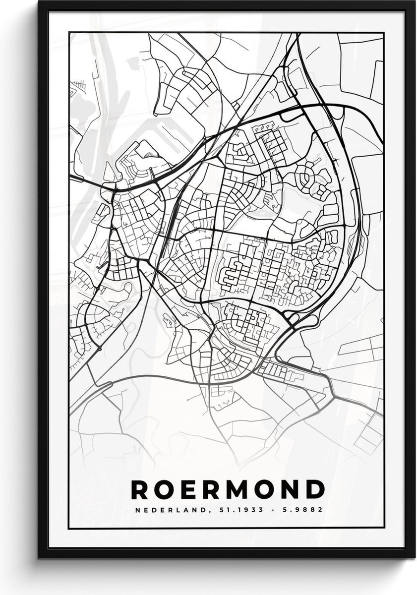 Poster in lijst - Fotolijst 80x120 cm - Posters - Kaart - Roermond - Zwart - Wit - Posterlijst zwart - Decoratie - Wanddecoratie woonkamer - Muurdecoratie slaapkamer