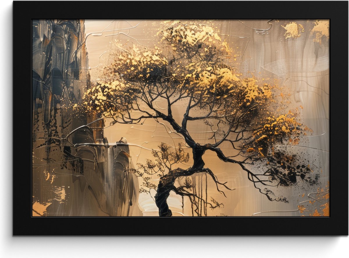FrameYourWall Poster in lijst - Fotolijst 30x20 cm - Posters - Boom - Goud - Landschap - Verf - Posterlijst zwart - Decoratie - Wanddecoratie woonkamer - Muurdecoratie slaapkamer