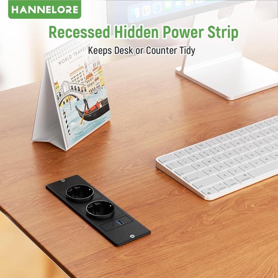 Inbouwstopcontact met USB C PD20W, Verzonken Stopcontact Inbouw Stekkerdoos met USB, Inbouwstekkerdoos voor tafelblad, werkblad, meubels, nachtkastje, 2 m kabel, Zwart