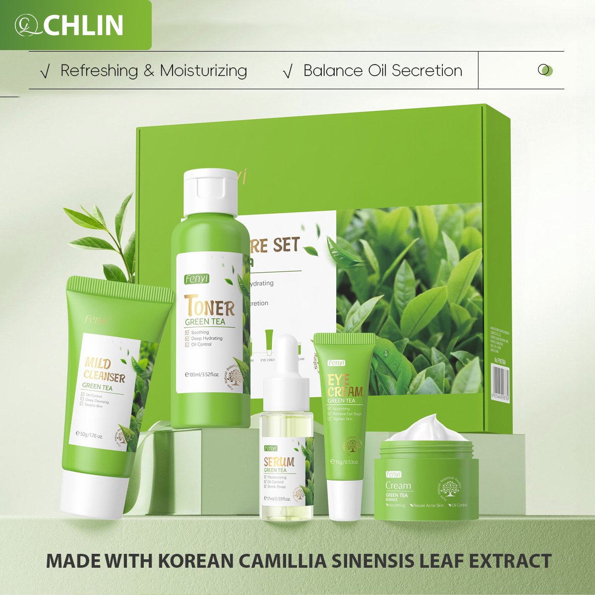 Goedkoopste CL CHLIN® Fanyi Groene Thee Skincare Set – Natuurlijke Huidverzorging voor een Stralende Huid - Acne remmend - groene thee serum - green tea serum - green tea gream - acne verzorging