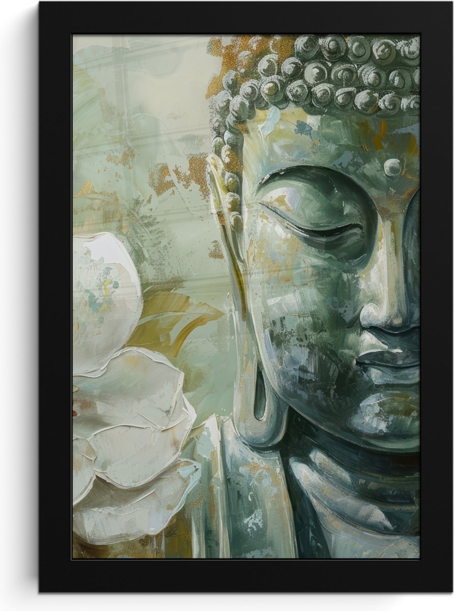 FrameYourWall Poster in lijst - Fotolijst 20x30 cm - Posters - Boeddha - Groen - Lotusbloem - Wit - Posterlijst zwart - Decoratie - Wanddecoratie woonkamer - Muurdecoratie slaapkamer
