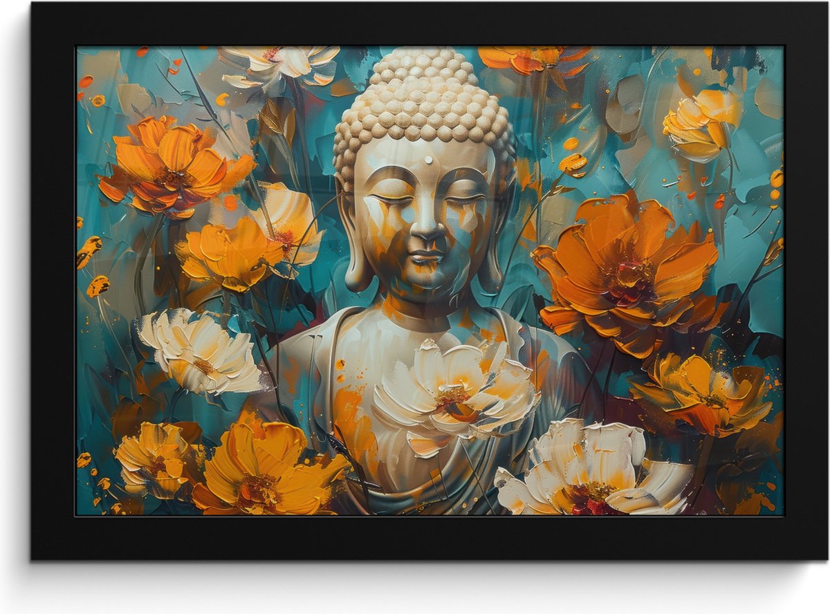 FrameYourWall Poster in lijst - Fotolijst 30x20 cm - Posters - Buddha - Bloemen - Kleurrijk - Modern - Posterlijst zwart - Decoratie - Wanddecoratie woonkamer - Muurdecoratie slaapkamer